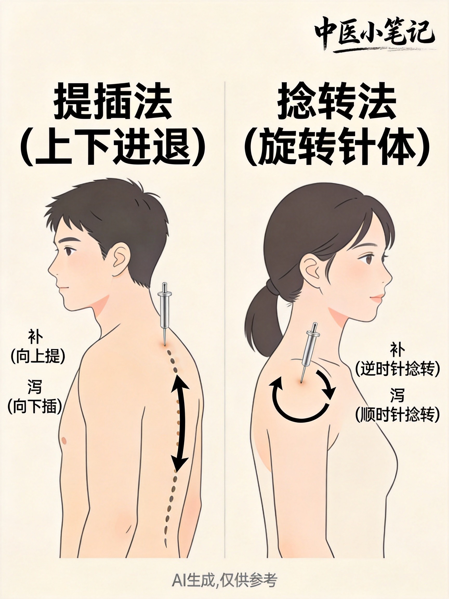 针刺基本手法示意图（AI生成，仅供参考）